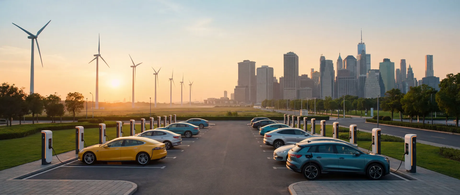 Electric vehicles charging against a city skyline