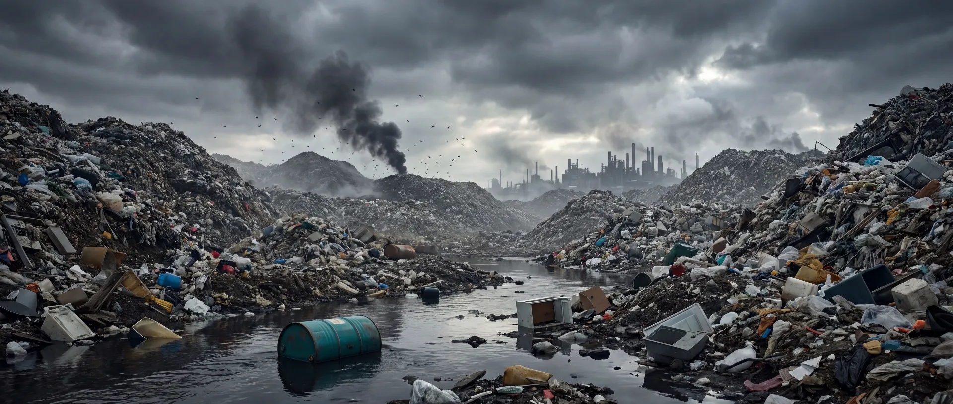 A landfill under storm clouds